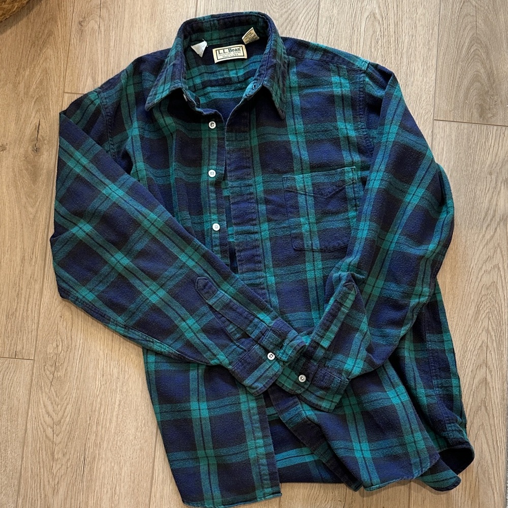 Vintage L.L. Bean Blue & Green Plaid Button-Down Flannel Shirt